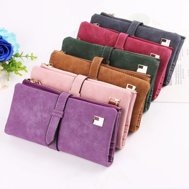 New Women Long Purse Clutch Bag Frosted Drawstring Nubuck Leather Zipper Wallet Multi-card Purse for Women