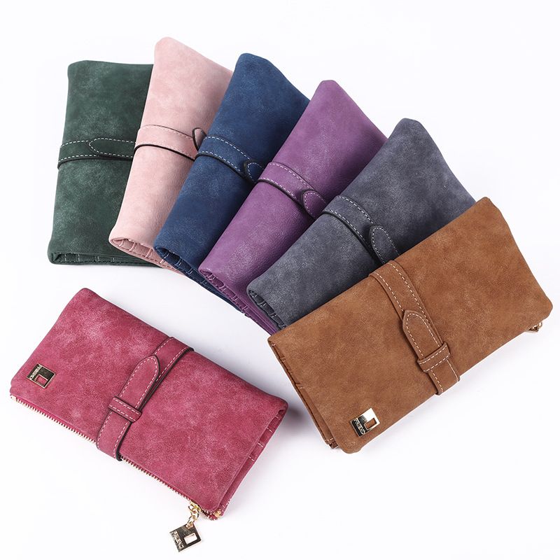 New Women Long Purse Clutch Bag Frosted Drawstring Nubuck Leather Zipper Wallet Multi-card Purse for Women