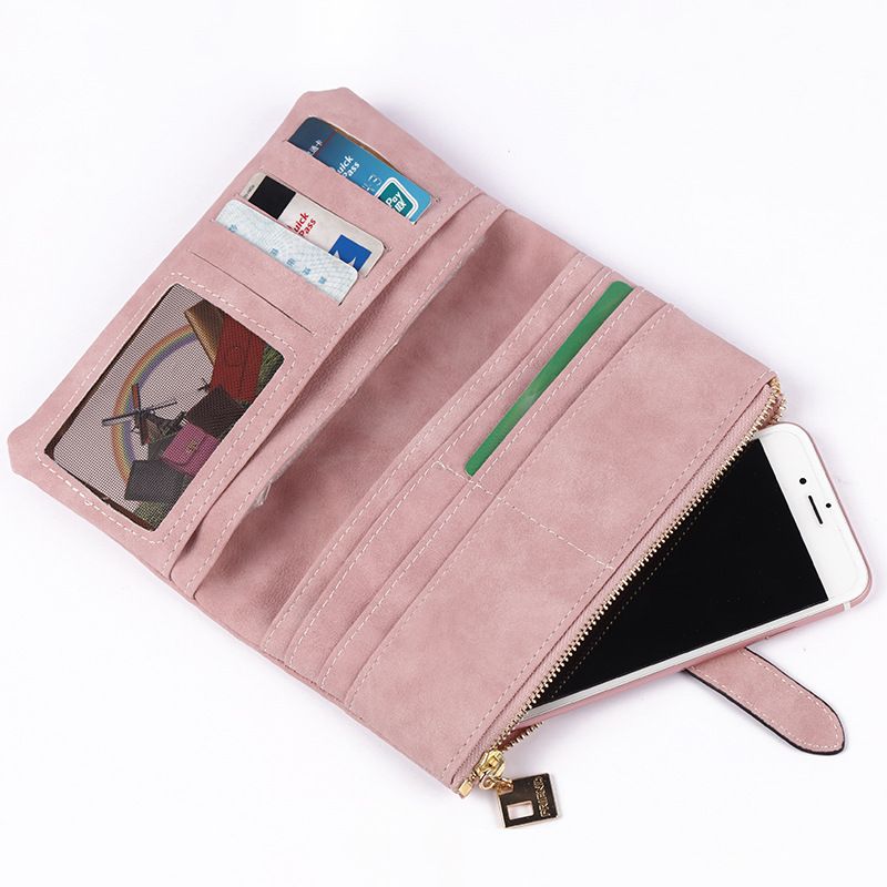 New Women Long Purse Clutch Bag Frosted Drawstring Nubuck Leather Zipper Wallet Multi-card Purse for Women