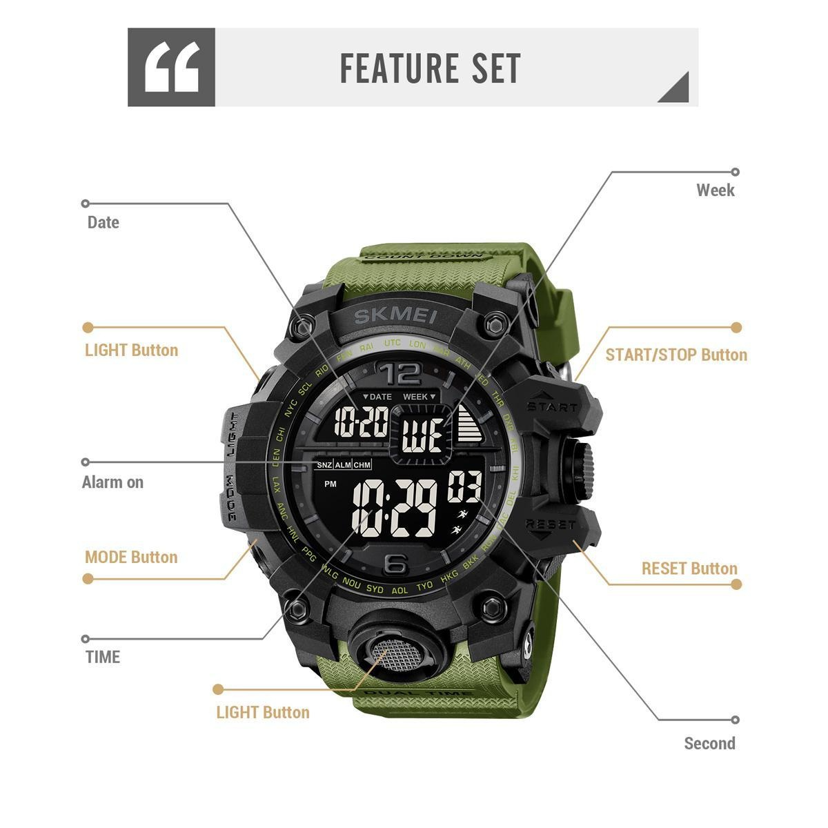 SKMEI Waterproof Tactical Watch Classic Sport Watch with LED Backlight Watch for Men Multifunctional Rubber Strap Wrist Watch for Men