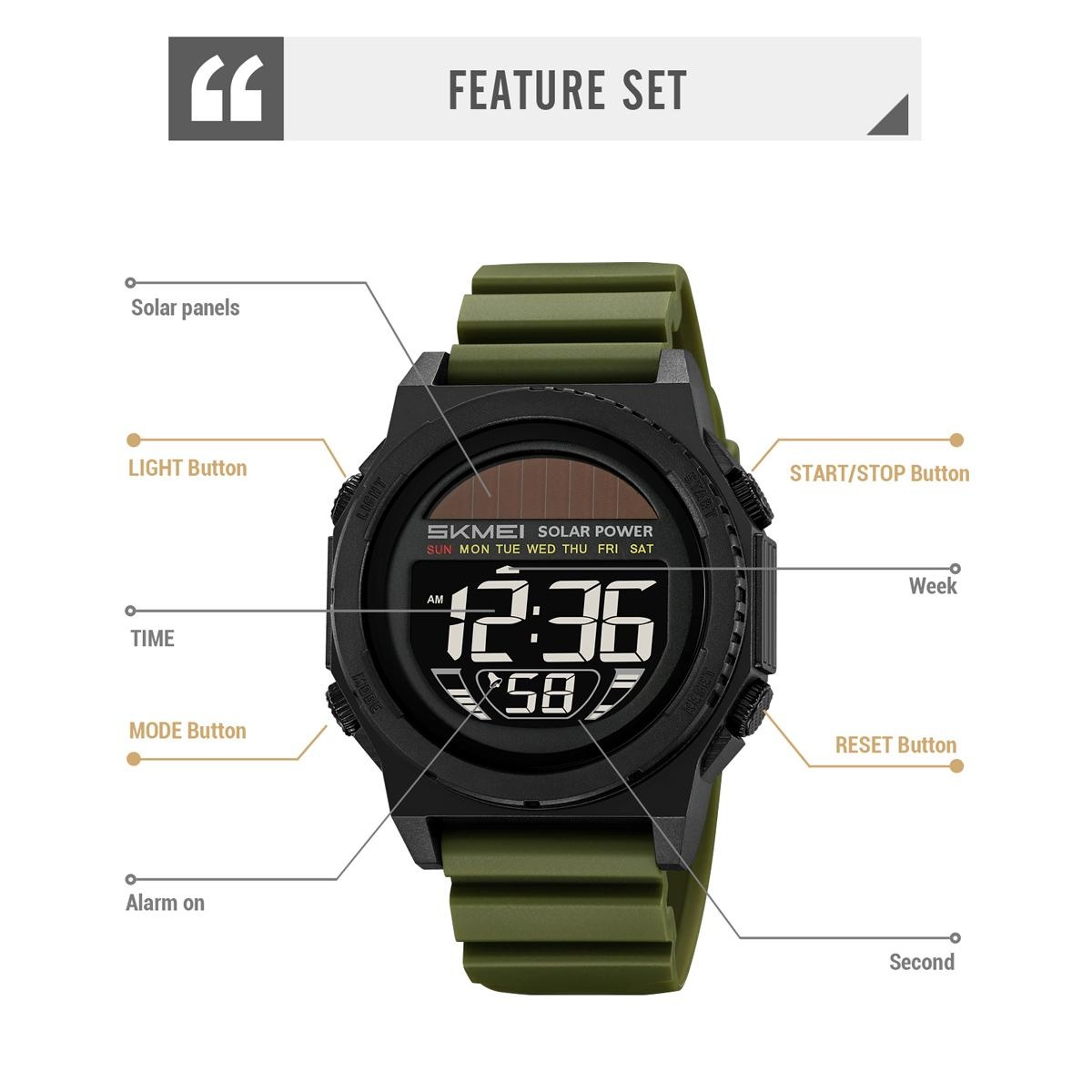 SKMEI 2358 Fashion Leisure Man Waterproof Digital Chronograph Alarm Date EL Light Solar Energy Function Round Dial ABS Case TPU Strap Design Male Wristwatch