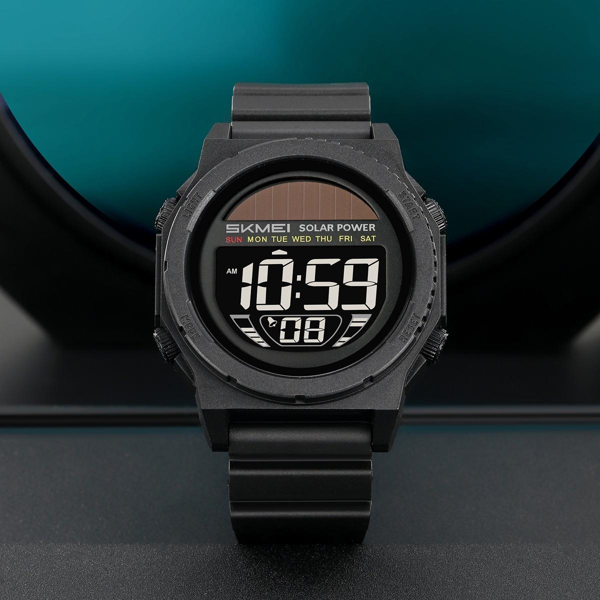 SKMEI 2358 Fashion Leisure Man Waterproof Digital Chronograph Alarm Date EL Light Solar Energy Function Round Dial ABS Case TPU Strap Design Male Wristwatch