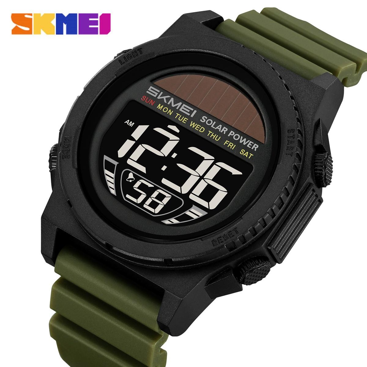 SKMEI 2358 Fashion Leisure Man Waterproof Digital Chronograph Alarm Date EL Light Solar Energy Function Round Dial ABS Case TPU Strap Design Male Wristwatch