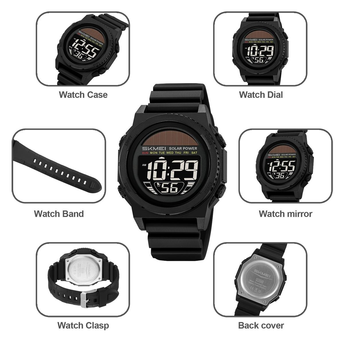 SKMEI 2358 Fashion Leisure Man Waterproof Digital Chronograph Alarm Date EL Light Solar Energy Function Round Dial ABS Case TPU Strap Design Male Wristwatch