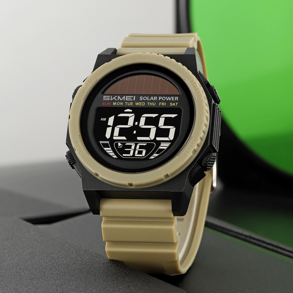 SKMEI 2358 Fashion Leisure Man Waterproof Digital Chronograph Alarm Date EL Light Solar Energy Function Round Dial ABS Case TPU Strap Design Male Wristwatch