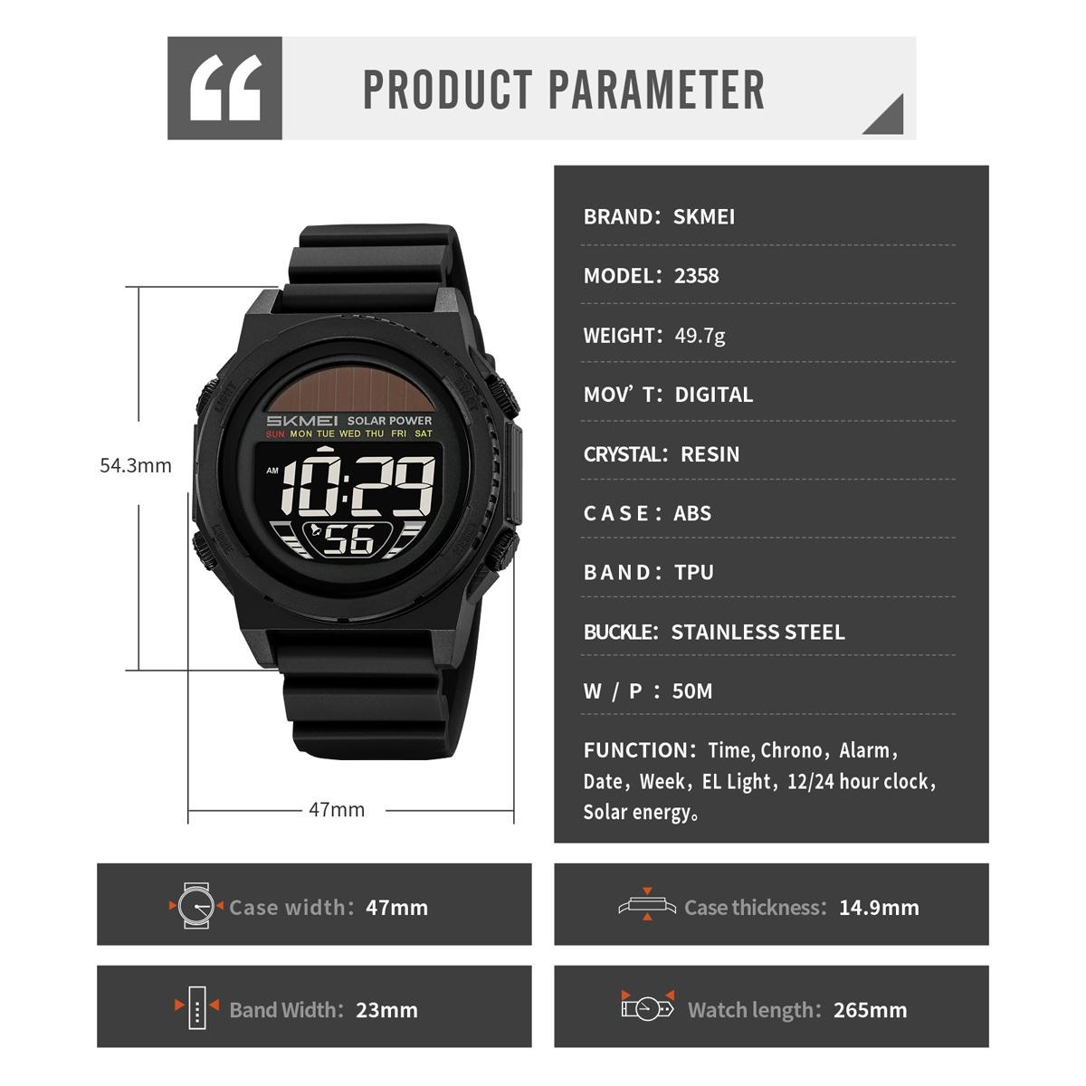 SKMEI 2358 Fashion Leisure Man Waterproof Digital Chronograph Alarm Date EL Light Solar Energy Function Round Dial ABS Case TPU Strap Design Male Wristwatch