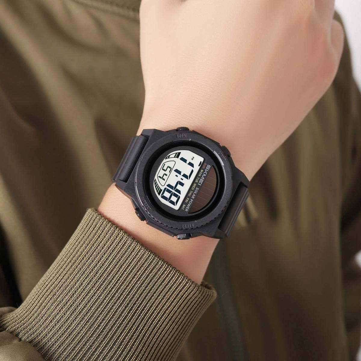 SKMEI 2358 Fashion Leisure Man Waterproof Digital Chronograph Alarm Date EL Light Solar Energy Function Round Dial ABS Case TPU Strap Design Male Wristwatch