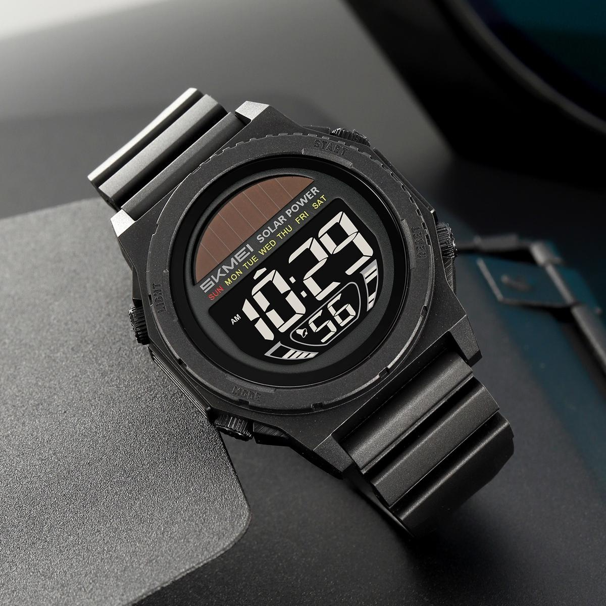 SKMEI 2358 Fashion Leisure Man Waterproof Digital Chronograph Alarm Date EL Light Solar Energy Function Round Dial ABS Case TPU Strap Design Male Wristwatch