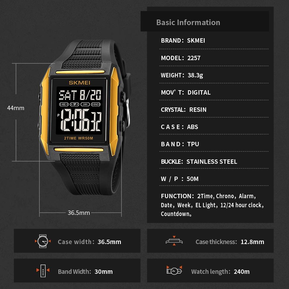 SKMEI Outdoor Sport Back Light Digital Watches 5Bar Waterproof LED Display Electronic Date Countdown Clock