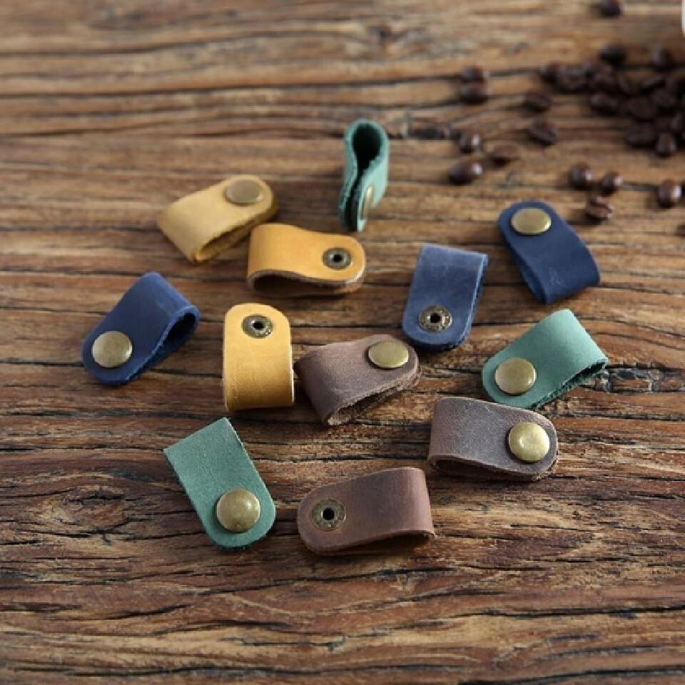 First layer cowhide data cable storage headphone strap leather four-snap storage USB hub headphone cable storage