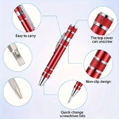1pc 8-in-1 Magnetic Multi-Tool Screwdriver - Portable, Durable Aluminum Alloy, Red with Detachable Cover, Cross Head, Metal, for DIY Projects / Industrial Use, Handy Tool for Craftsmen and Hobbyists