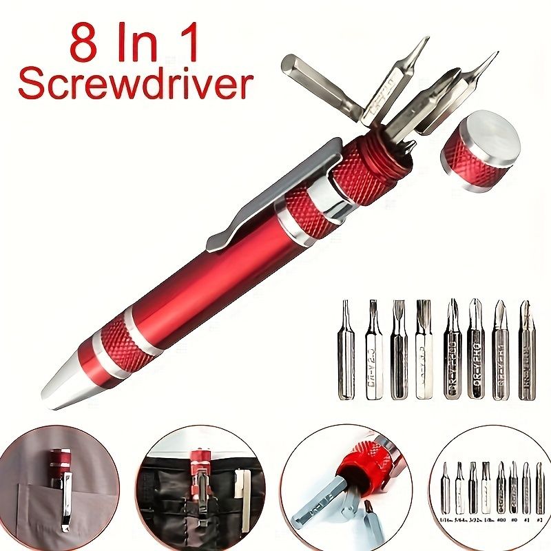 1pc 8-in-1 Magnetic Multi-Tool Screwdriver - Portable, Durable Aluminum Alloy, Red with Detachable Cover, Cross Head, Metal, for DIY Projects / Industrial Use, Handy Tool for Craftsmen and Hobbyists