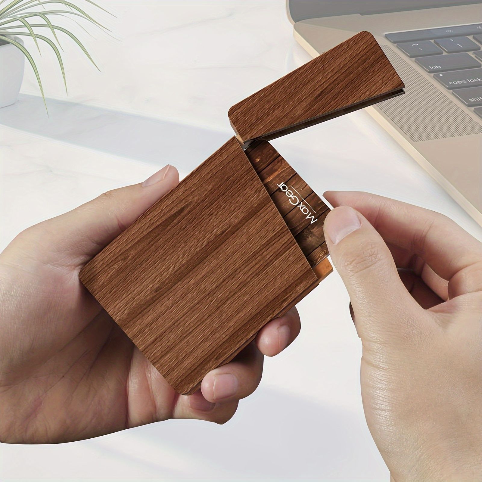 Single Piece Pocket-Sized Walnut Beech Carpro Wooden Business Card Holder With Magnetic Closure For Men