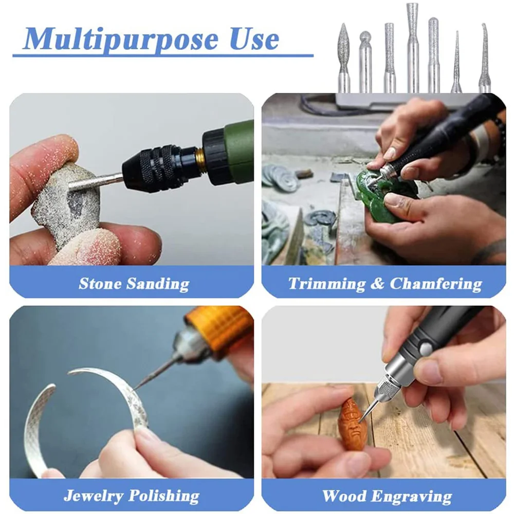 STONEGO 30Pcs/Set 3mm Shank Diamond Grinding Burr Needle Point Engraving Carving Polishing Glass Jade Stone Drill Bit