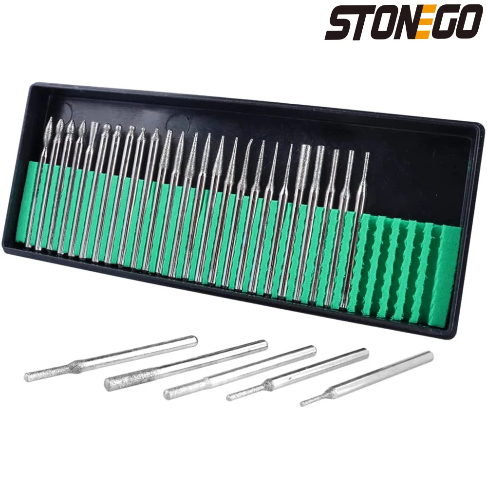 STONEGO 30Pcs/Set 3mm Shank Diamond Grinding Burr Needle Point Engraving Carving Polishing Glass Jade Stone Drill Bit