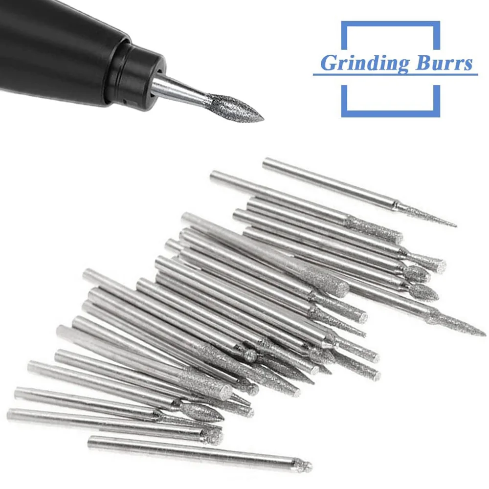 STONEGO 30Pcs/Set 3mm Shank Diamond Grinding Burr Needle Point Engraving Carving Polishing Glass Jade Stone Drill Bit