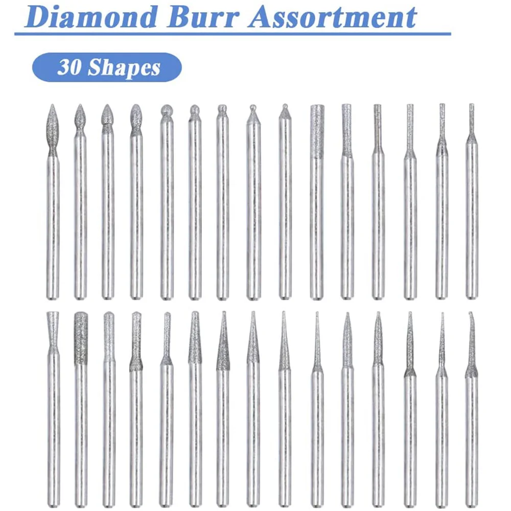 STONEGO 30Pcs/Set 3mm Shank Diamond Grinding Burr Needle Point Engraving Carving Polishing Glass Jade Stone Drill Bit