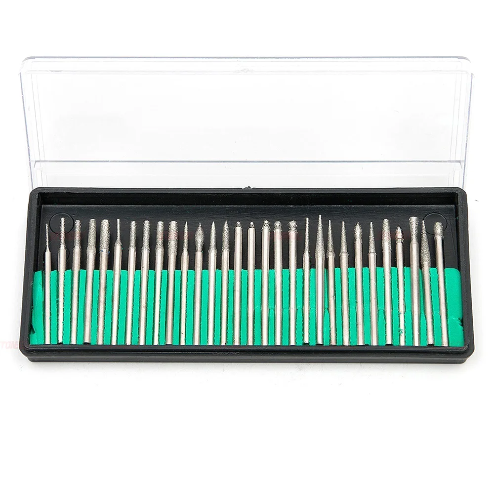 STONEGO 30Pcs/Set 3mm Shank Diamond Grinding Burr Needle Point Engraving Carving Polishing Glass Jade Stone Drill Bit