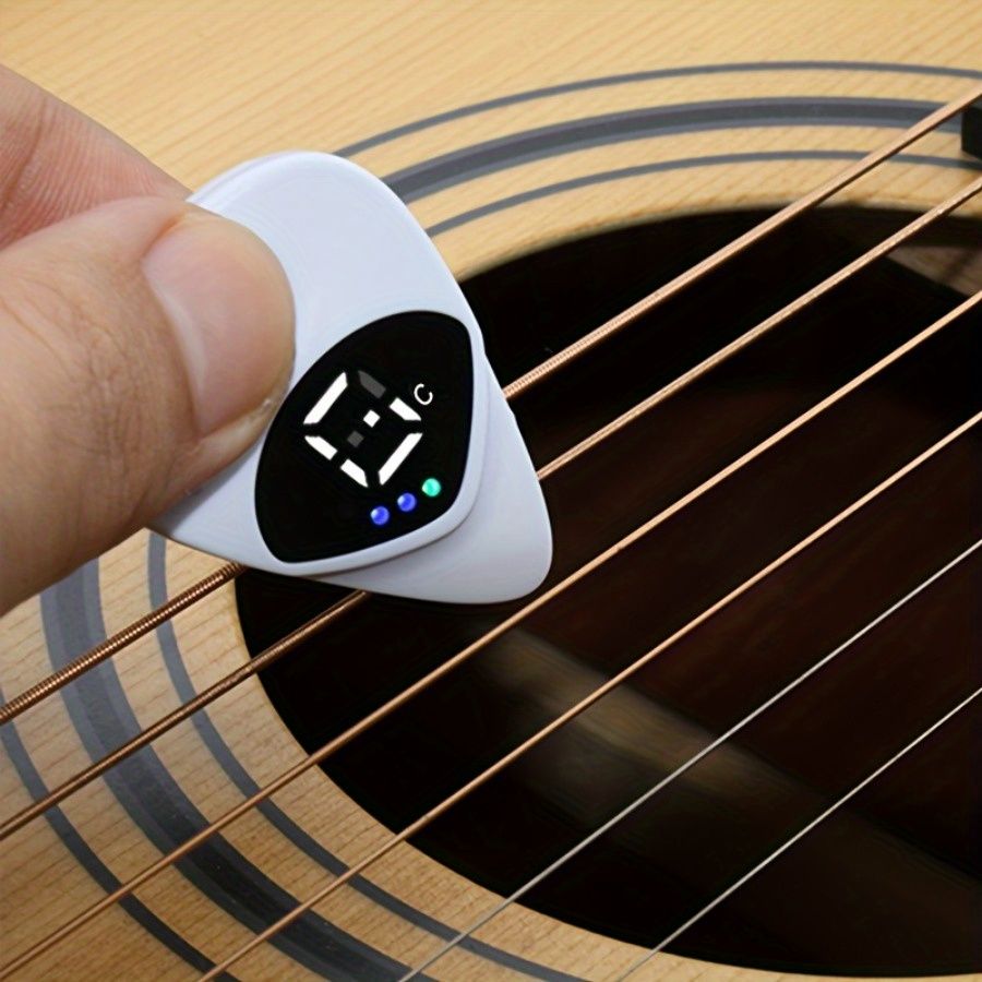 Portable 2-in-1 Guitar Pick and Tuner - 12-Tone Multi-Function Tone Calibrator for Acoustic Guitars and Ukulele, Battery Powered, Durable White ABS Resin, Compact Design with LED Display, Portable Tun