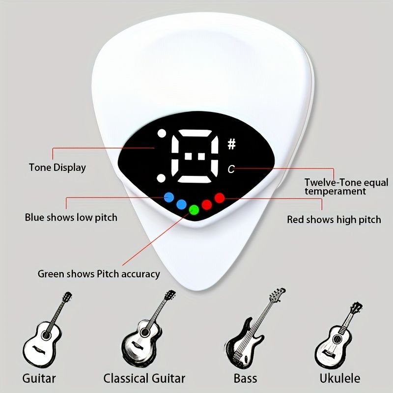 Portable 2-in-1 Guitar Pick and Tuner - 12-Tone Multi-Function Tone Calibrator for Acoustic Guitars and Ukulele, Battery Powered, Durable White ABS Resin, Compact Design with LED Display, Portable Tun
