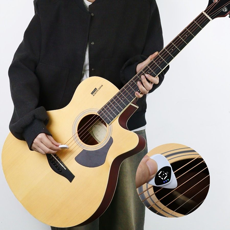 Portable 2-in-1 Guitar Pick and Tuner - 12-Tone Multi-Function Tone Calibrator for Acoustic Guitars and Ukulele, Battery Powered, Durable White ABS Resin, Compact Design with LED Display, Portable Tun