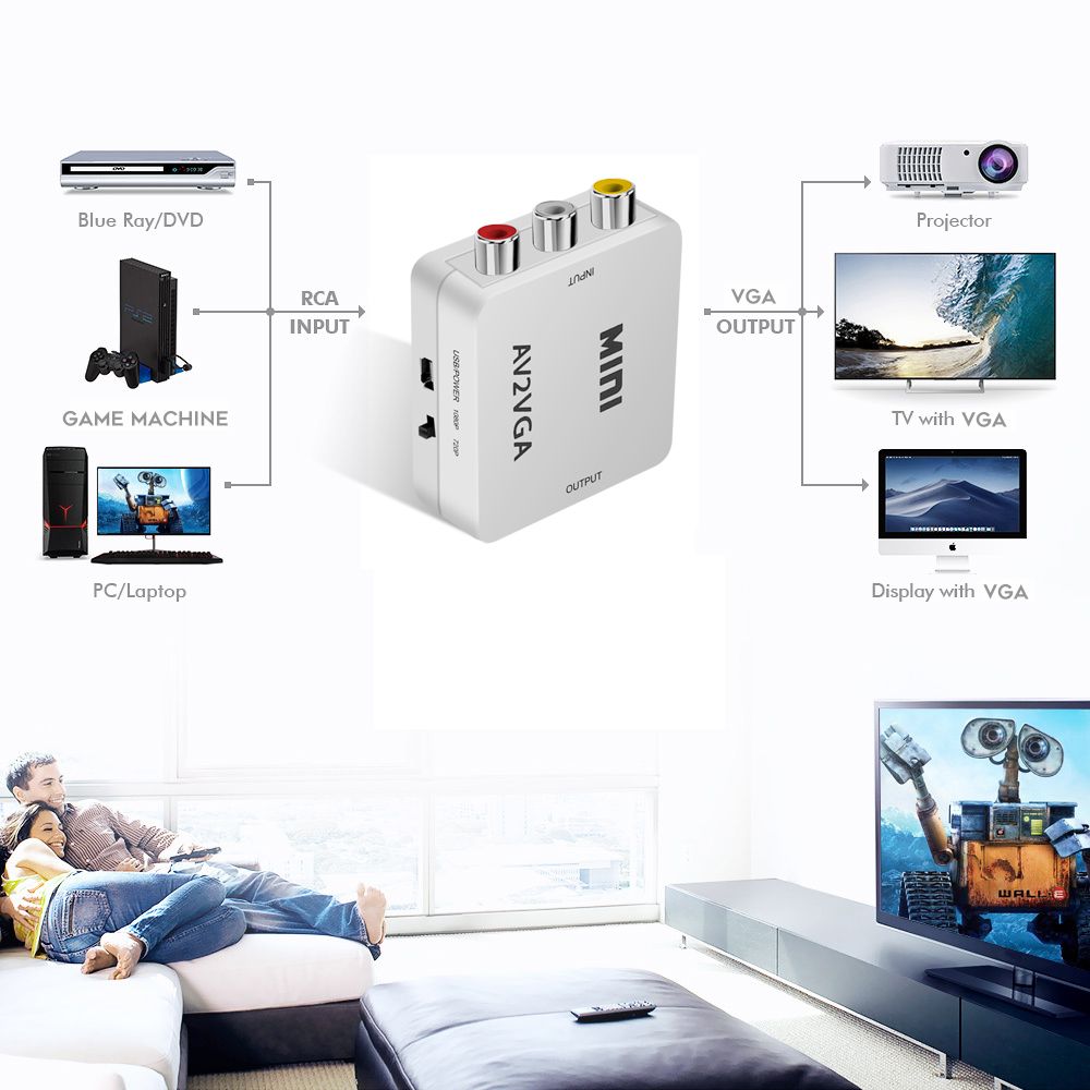 AV to VGA Converter RCA Adapter with 3.5mm Audio Cable for TV Box PC 1080P CVBS To VGA Converter