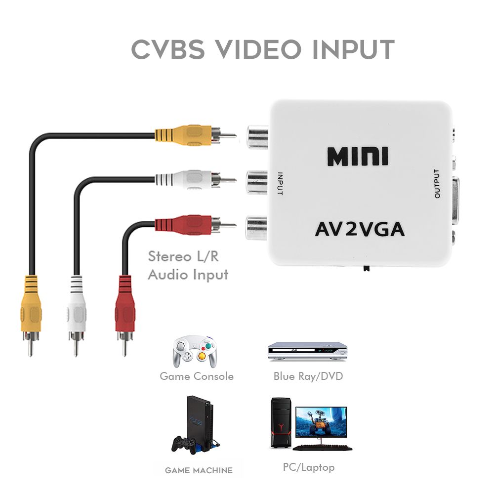 AV to VGA Converter RCA Adapter with 3.5mm Audio Cable for TV Box PC 1080P CVBS To VGA Converter