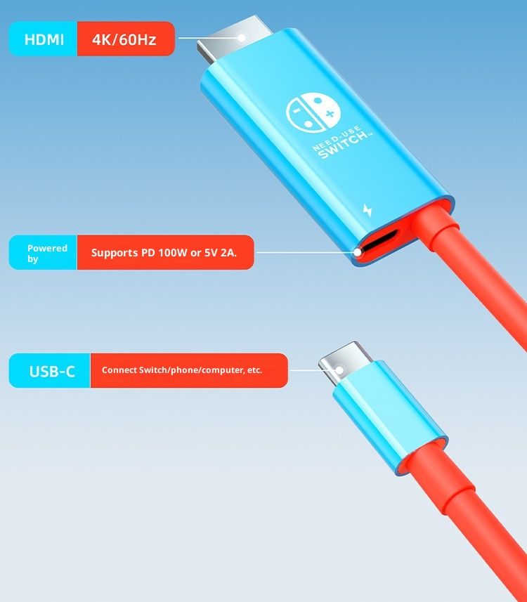 Type-C to HDMI Cable 4K 60Hz, for Nintendo NS2/Switch/Phone/Laptop, 2-in-1 USB-C to HDMI Adapter Cable for TV Monitor Projector