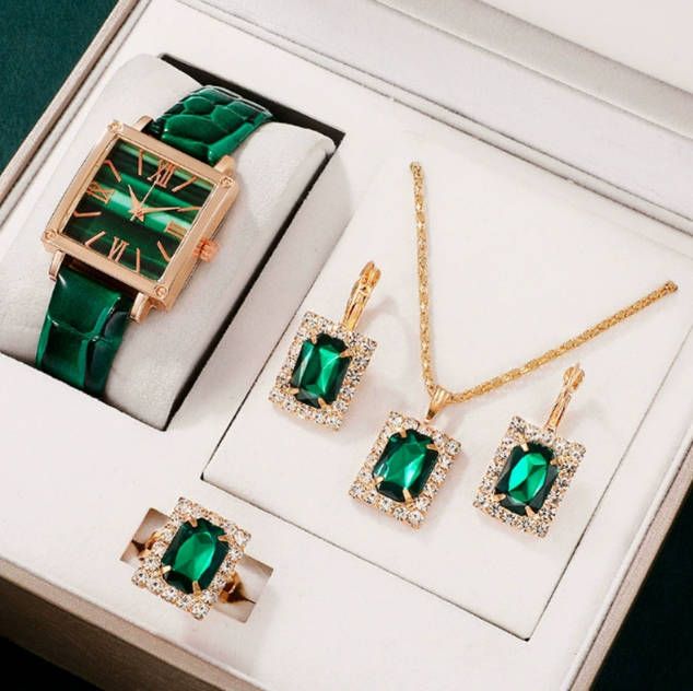 4PC Women Quartz Watch Set Roman Digital Dial Clock Women's Fashion Business Watch Men's Leisure Green Bracelet Girl Watch Necklaces Rings Earrings set Fast delivery within 1-5 days