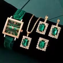 4PC Women Quartz Watch Set Roman Digital Dial Clock Women's Fashion Business Watch Men's Leisure Green Bracelet Girl Watch Necklaces Rings Earrings set Fast delivery within 1-5 days