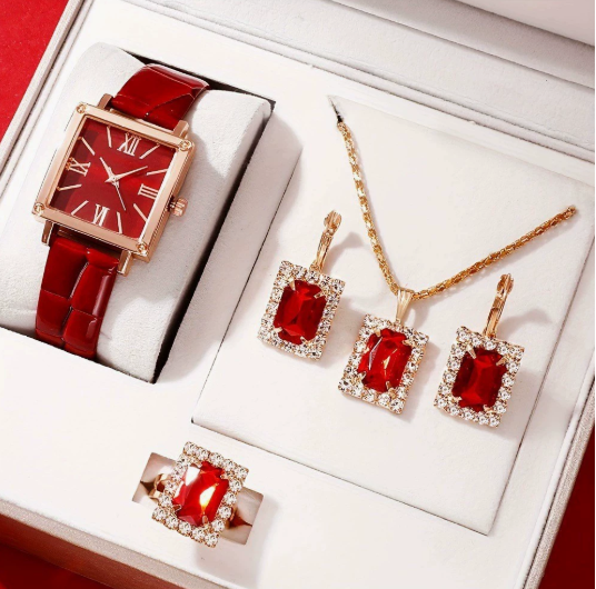 4PC Women Quartz Watch Set Roman Digital Dial Clock Women's Fashion Business Watch Men's Leisure Green Bracelet Girl Watch Necklaces Rings Earrings set Fast delivery within 1-5 days