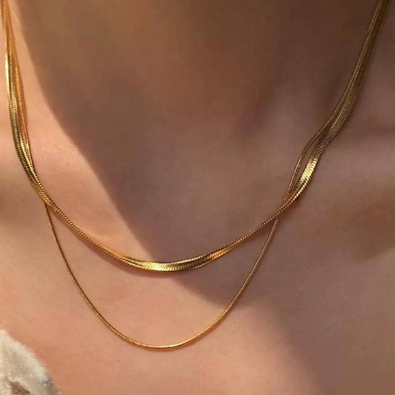 2 PCS/Set Titanium Steel Double Layered Necklace Fashionable Non-Fading High Quality Necklace Women's Personalised Collarbone NecklaceMulti-Layer Necklace Set Gold