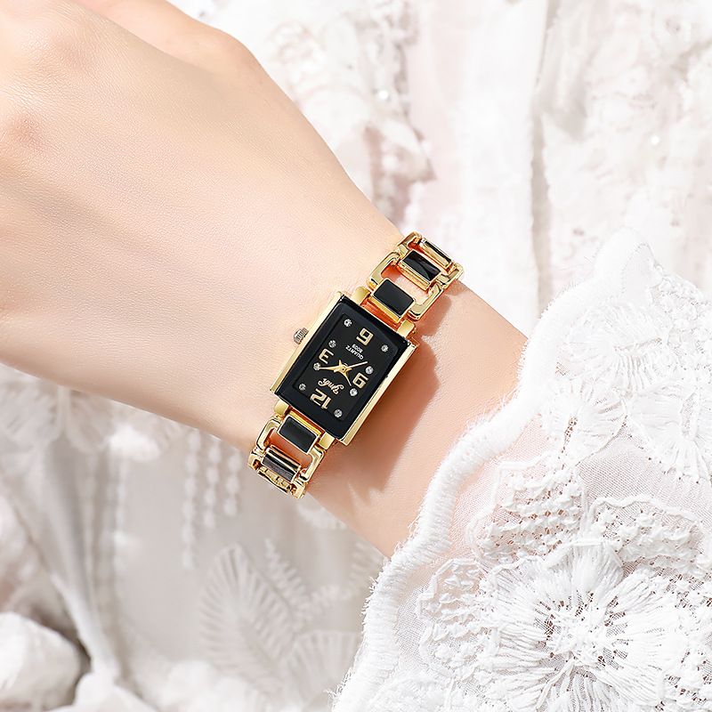 New Hot Best Selling Popular Gold Black Square Dial Women's Watch Female Student Party Temperament Quartz Niche Watch Premium Ceramic Strap