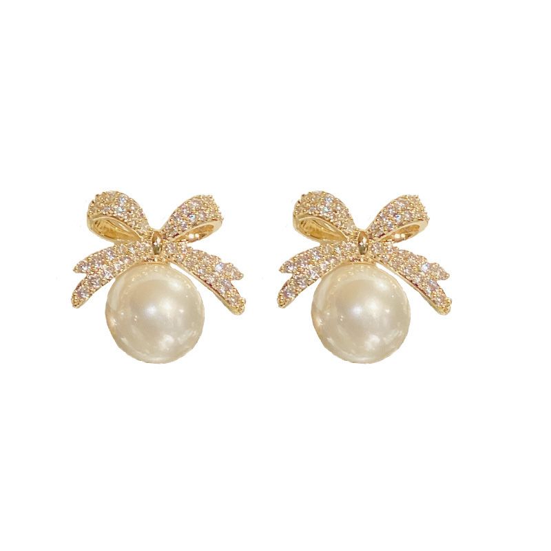 New Bow Pearl Female Earrings Light Luxury Senior Earrings Retro Rashion Diamond Earrings Personalised Design Silver Pin Earrings