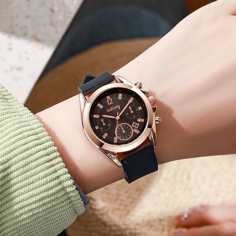 New Fashionable Women's Watch Leather Strap Large Dial Wrist Watch Advanced Diamond Set Quartz Watch With Calendar Trendy Minimalist Classic Girl's Watch