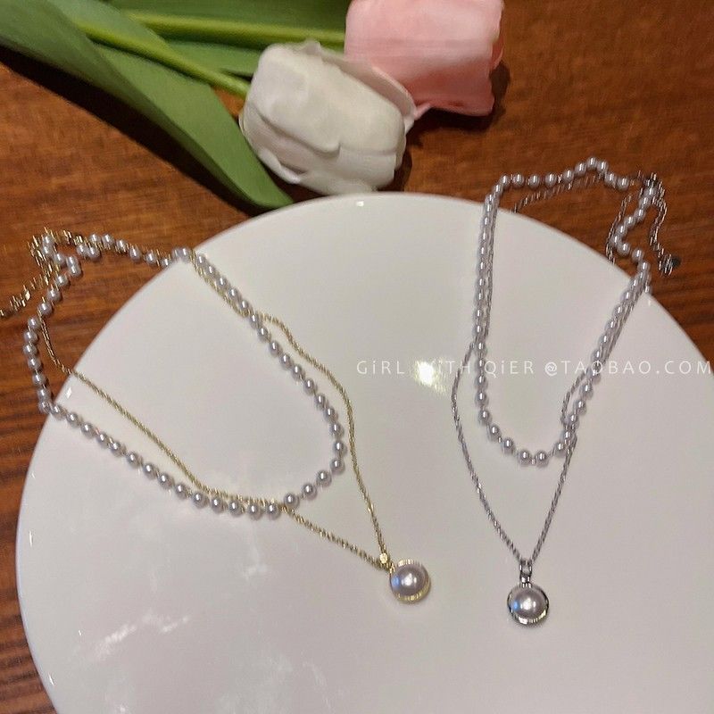 Korean Ins Super Fairy Niche Double-Layered Pearl Pendant Necklace For Women Simple Temperament Choker Necklace Clavicle Chain Trend