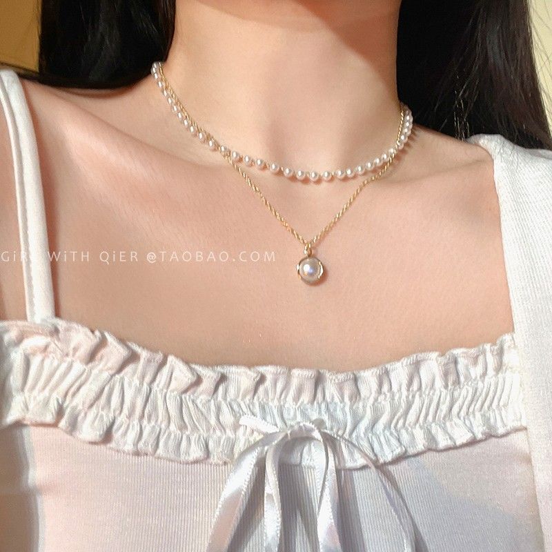 Korean Ins Super Fairy Niche Double-Layered Pearl Pendant Necklace For Women Simple Temperament Choker Necklace Clavicle Chain Trend