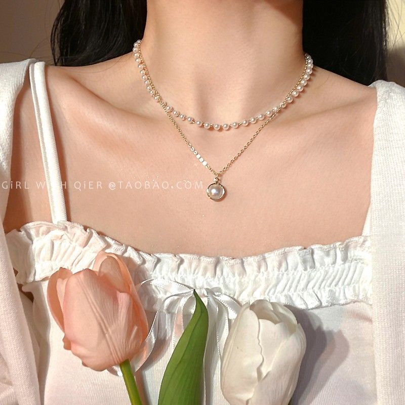Korean Ins Super Fairy Niche Double-Layered Pearl Pendant Necklace For Women Simple Temperament Choker Necklace Clavicle Chain Trend