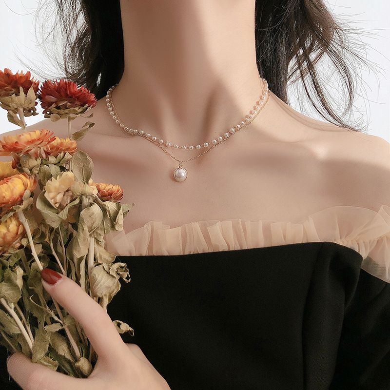 Korean Ins Super Fairy Niche Double-Layered Pearl Pendant Necklace For Women Simple Temperament Choker Necklace Clavicle Chain Trend