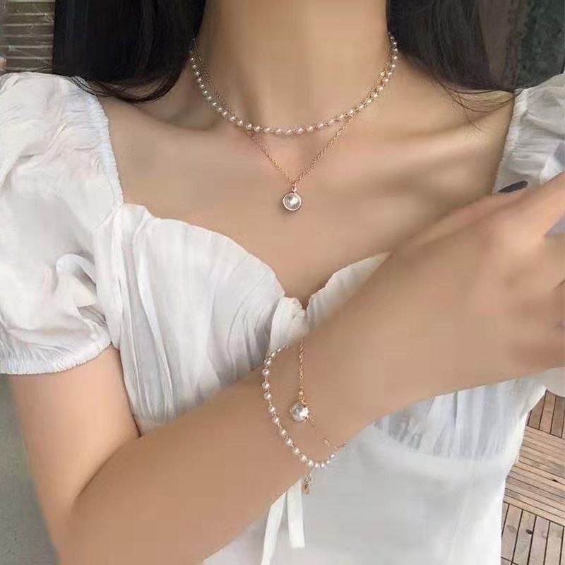 Korean Ins Super Fairy Niche Double-Layered Pearl Pendant Necklace For Women Simple Temperament Choker Necklace Clavicle Chain Trend