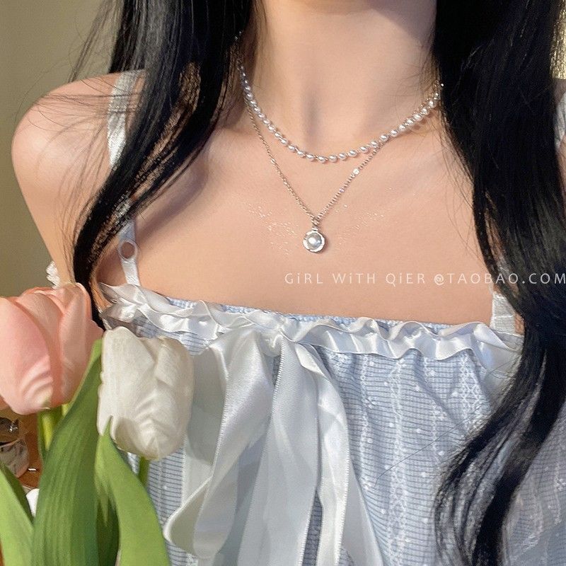 Korean Ins Super Fairy Niche Double-Layered Pearl Pendant Necklace For Women Simple Temperament Choker Necklace Clavicle Chain Trend