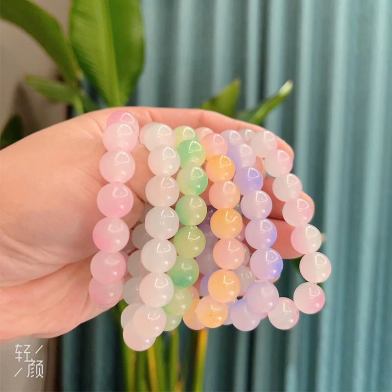 4 PCS/Set Glass Gradient Color Ice Transparent Buddha Beads Bracelet Round Beads Two-Color Peach Pink Bracelet Wrap Finger Flexible Plate To Play Student Gift