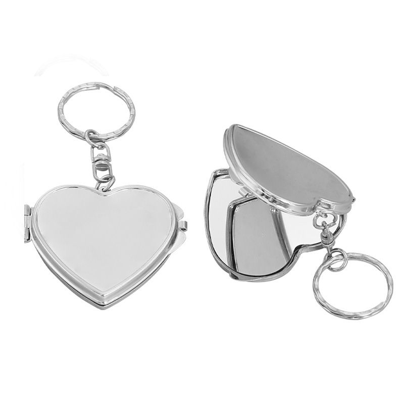 Flip-on Style Metal Love Heart-Shaped Keychain Can Hold Photos Foldable Diy Small Mirror Accessories Portable Mini Makeup Mirror