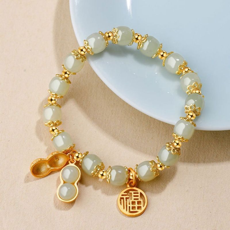 Good Things Happen Hetian Yu Bracelet Women's Light Luxury Gold Retro Peanut Bracelet Christmas Gift For Girlfriends And Girlfriends Birthday