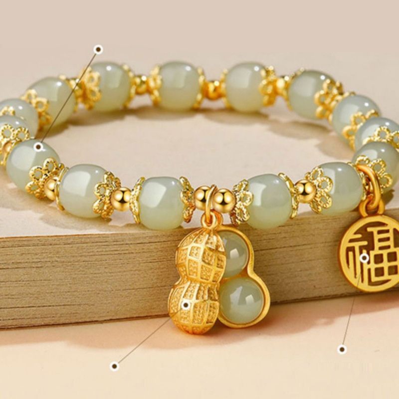 Good Things Happen Hetian Yu Bracelet Women's Light Luxury Gold Retro Peanut Bracelet Christmas Gift For Girlfriends And Girlfriends Birthday