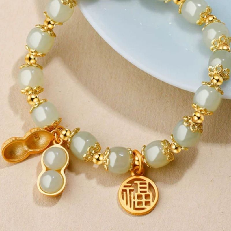 Good Things Happen Hetian Yu Bracelet Women's Light Luxury Gold Retro Peanut Bracelet Christmas Gift For Girlfriends And Girlfriends Birthday