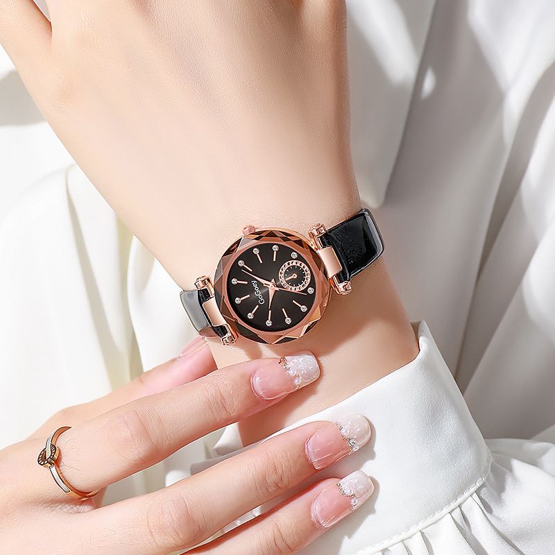 New Style Fashion Ladies Watch Female Rhinestone Seven Beads Simple Leather Belt Niche Student Party High-End Quartz Watch