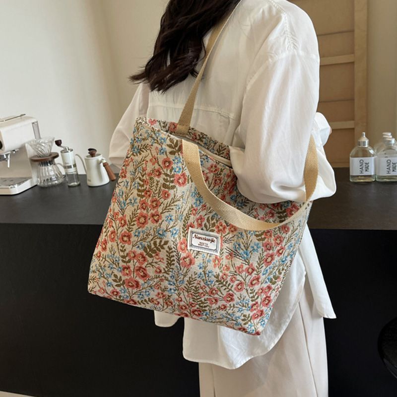 Flower-Patterned Large-Capacity Canvas Bag New Fashionable Style Trendy And Versatile Single-Shoulder Handbag Sturdy Beautiful Practical Quality Handbag
