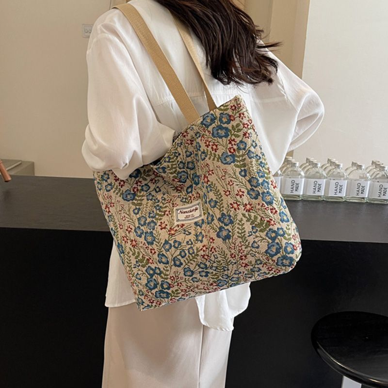 Flower-Patterned Large-Capacity Canvas Bag New Fashionable Style Trendy And Versatile Single-Shoulder Handbag Sturdy Beautiful Practical Quality Handbag
