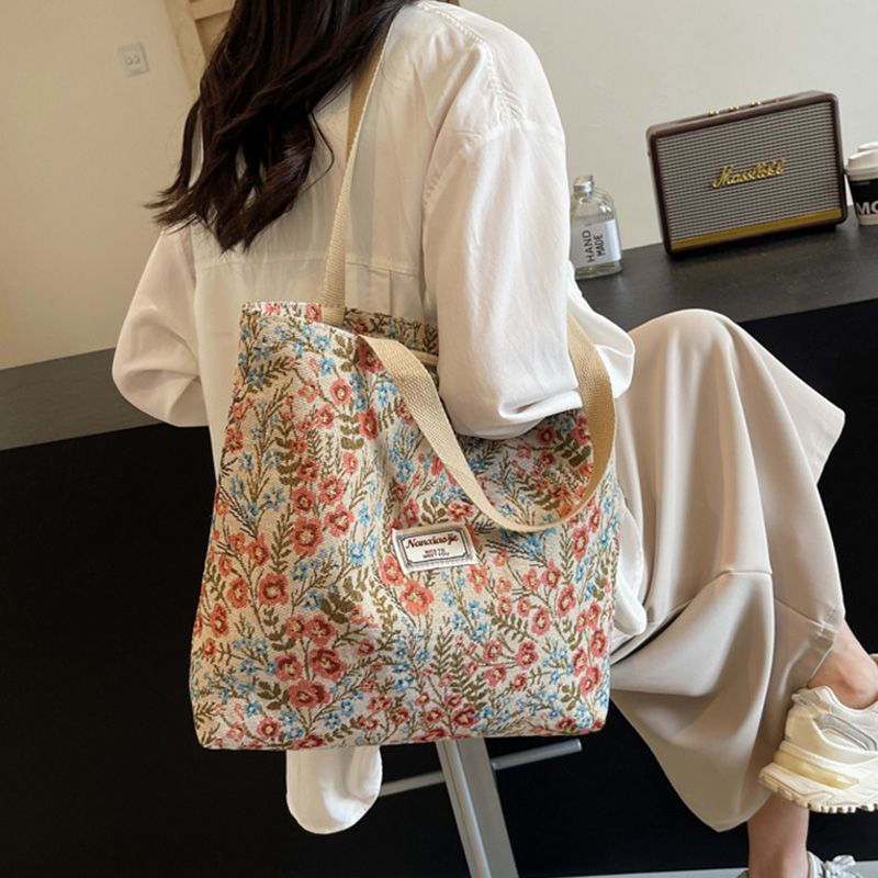 Flower-Patterned Large-Capacity Canvas Bag New Fashionable Style Trendy And Versatile Single-Shoulder Handbag Sturdy Beautiful Practical Quality Handbag